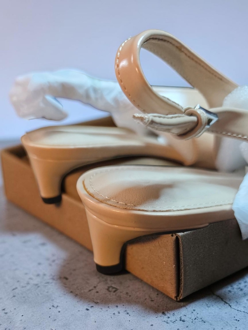Coutgo Nude Beige Low Kitten Heel Slingback Closed Toe Pumps - Picture 3 of 7